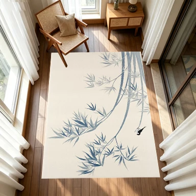 Ink-Style Bamboo Bird Carpet, Oriental Minimalist Art Non-Slip Carpet Suitable for Bedroom and Study Decoration