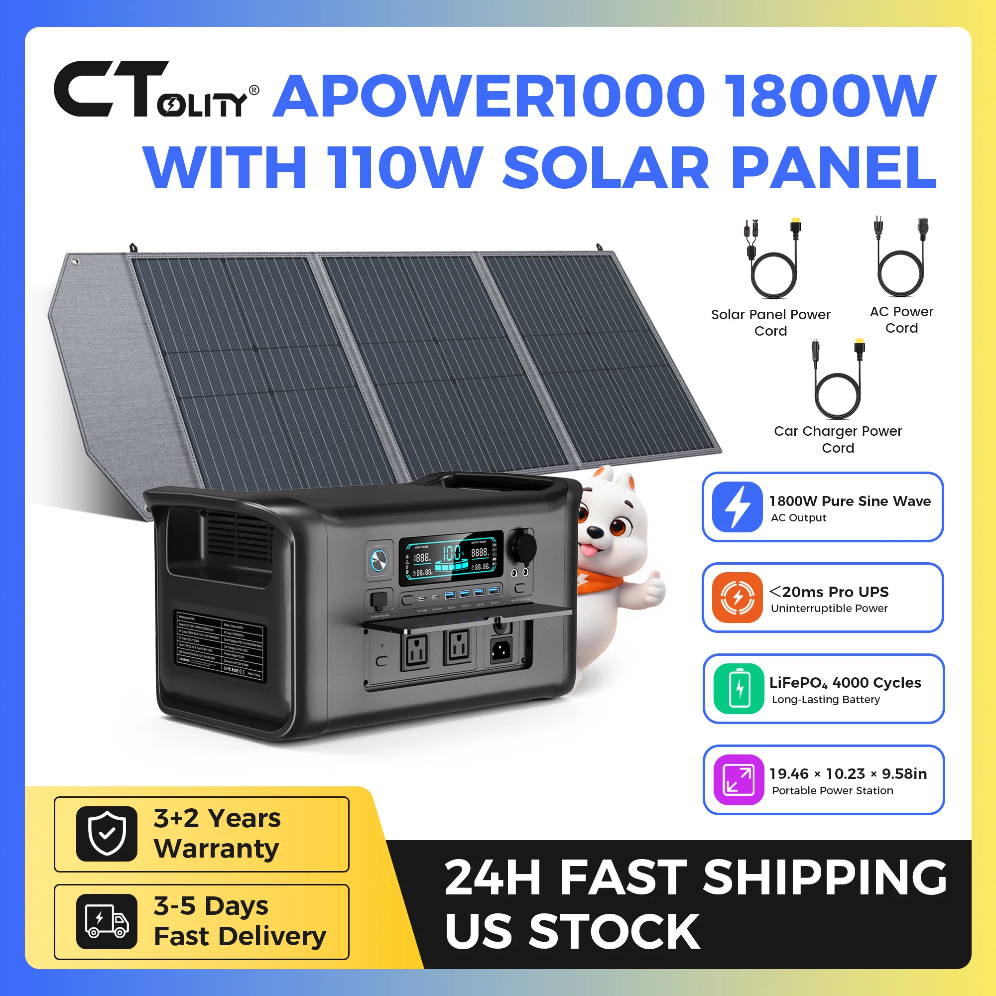 Outdoor Power Outlet - CTOLITY 1800W ポータブル電源 1024Wh リチウム鉄リン酸バッテリー搭載、2つのACコンセント付きで急速充電が可能。ソーラーパネル（110W）による充電に対応。アウトドアキャンプ、RV、家庭での使用に最適。