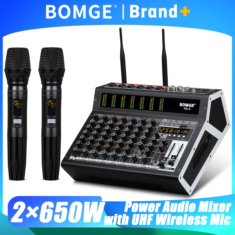BOMGE 8채널 2×650W 파워드 오디오 믹서(듀얼 UHF 무선 마이크 포함) 256비트 효과 블루투스 48V 라이브 밴드 DJ용