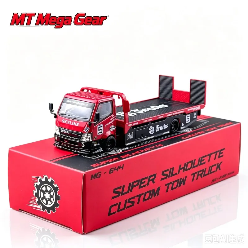MT Mega Gear 1:64 modified  with H300 red and black silhouette flat transport trailer alloy model,  small proportion ornaments.