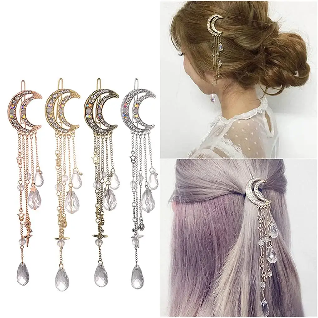 Elegant Women Hairpin Moon Rhinestone Star Tassel Dangle Styling Accessories Hair Bands Clip Jewelry Gift Party Daily