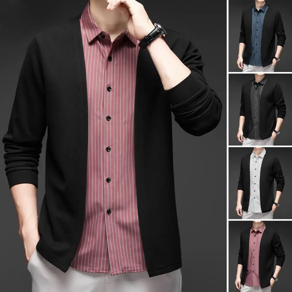 Business Style Sweater Shirt Striped Men's Cardigan Shirt with Turn-down Collar Single-breasted Design Long Sleeves for Formal