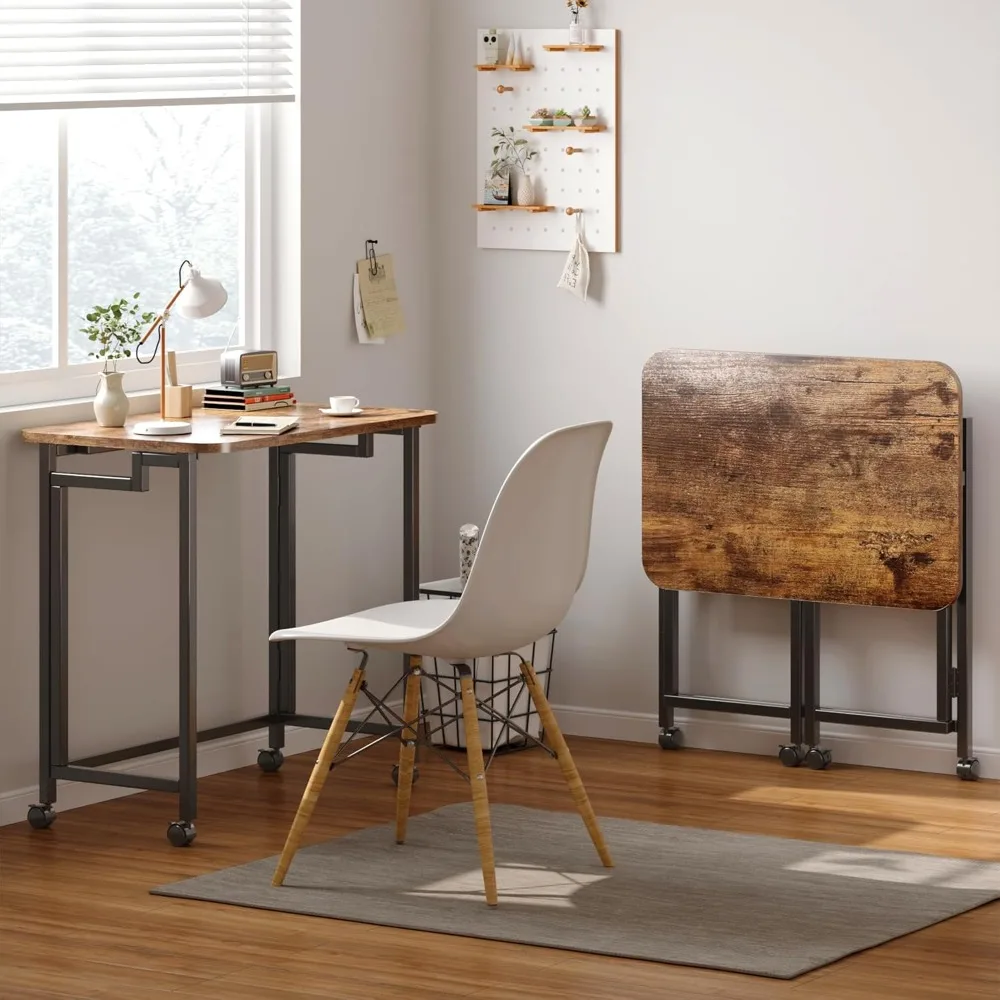 Folding Laptop Desk with Wheels, Modern Industrial Style, Home Office Writing Table, Rustic Brown, 23.6 Inches