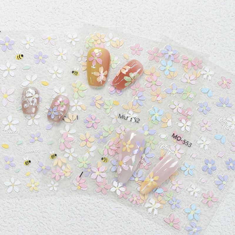 สติกเกอร์ติดเล็บลายนูน 5 มิติ สีฟ้าอมชมพู เหลือง ม่วง ลายดอกไม้แบบภาพวาดสีน้ำมัน สำหรับตกแต่งเล็บ