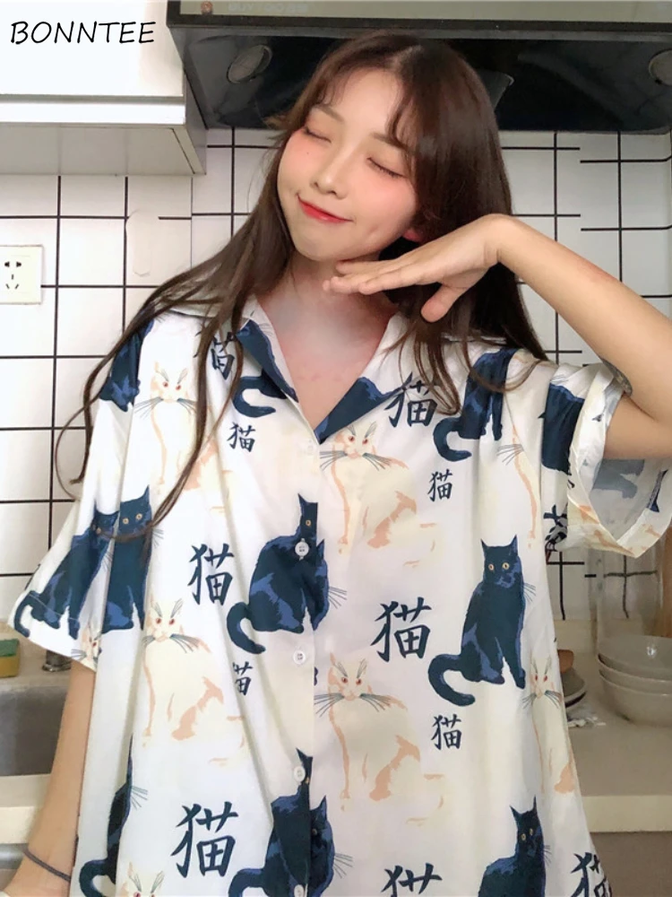 

Свободные рубашки с коротким рукавом, женские повседневные летние рубашки с принтом в стиле Харадзюку, дышащие шикарные уютные уличные топы для пар, повседневные топы Y2k