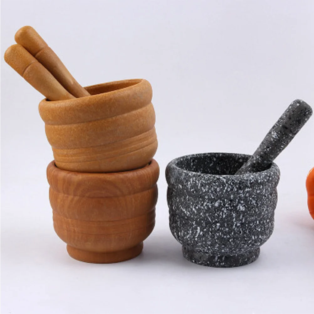 Garlic Pugging Pot Wooden Color Manual Grinding Polishing Pedestal Bowl Kitchen Household and Pestle Set Garlic Minced Pounder