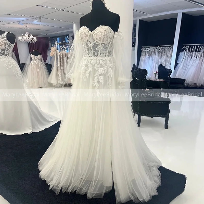 

Милое свадебное платье трапециевидной формы с открытыми плечами и длинными рукавами, белое кружевное платье с аппликацией Воздушное тюлевое свадебное платье трапециевидной формы в стиле бохо по индивидуальному заказу