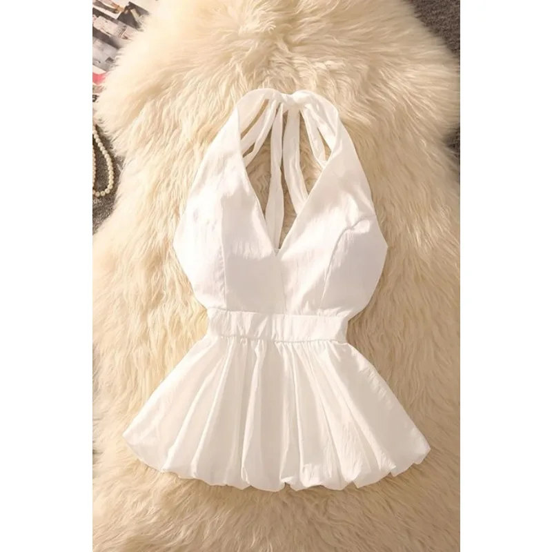 Women Halter V Neck Peplum Top Sleeveless Pure White Casual Summer Bustier Blouse