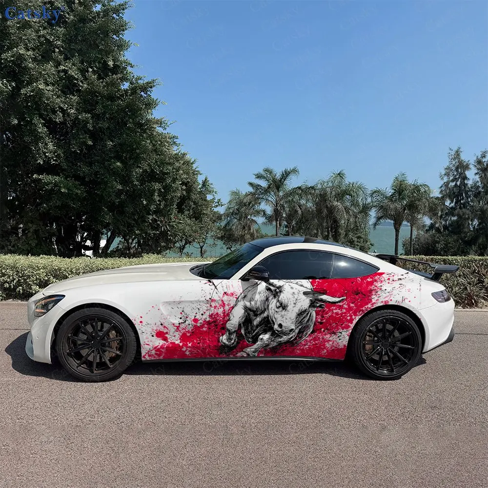 2pcs Ink Wash Running Bull Car Side Wraps, Self-Adhesive PVC Waterproof & Scratch-Resistant Stickers, Car Accessory Gift