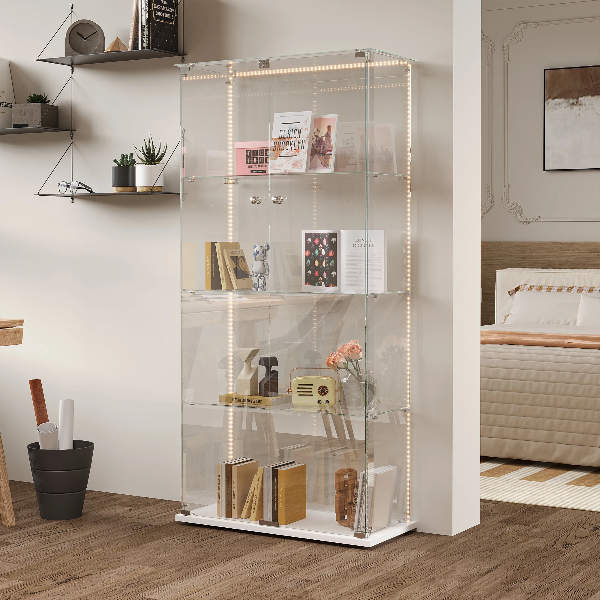 Anajqaqia 163×78.5×35cm 1-deurs en 4-laags glazen vitrinekast, met 2 deuren en slot, LED-verlichting, glazen presentatiekast, wit