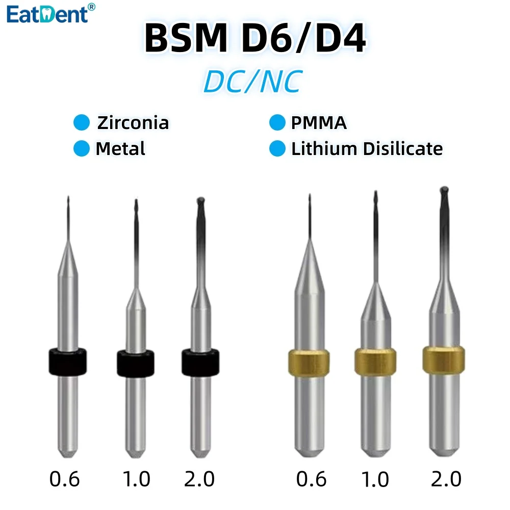 BSM Dental Milling Burs Diamond Coated for Zirconia Lithium Disilicate/Emax Glass-ceramic Metal PMMA DC D6/D4 Grinding Burs Tool