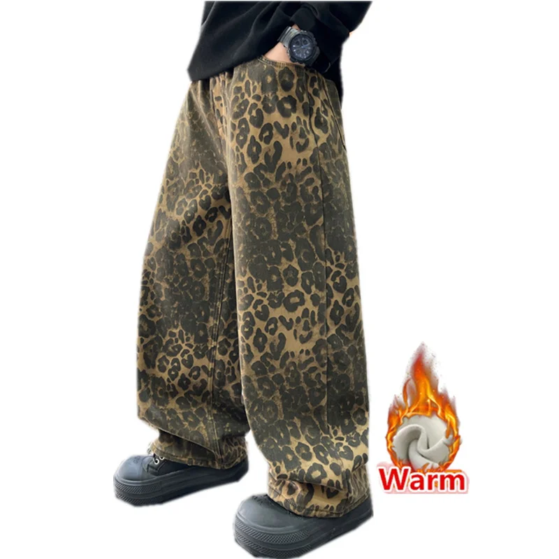 

Kids Leopard Print Winter Warm Pants with Fleece for Teenage Boy Loose Casual Corduroy Thermal Trousers Child Thicken Sweatpants