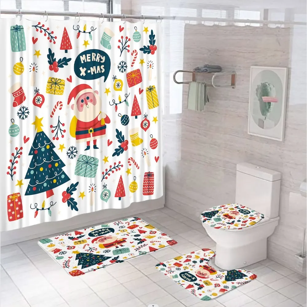 Winter Snowman Shower Curtain Set Carpet Rug Toilet Lid Cover Xmas Decor Village Country Fabric Bathroom Curtains With 12 Hooks