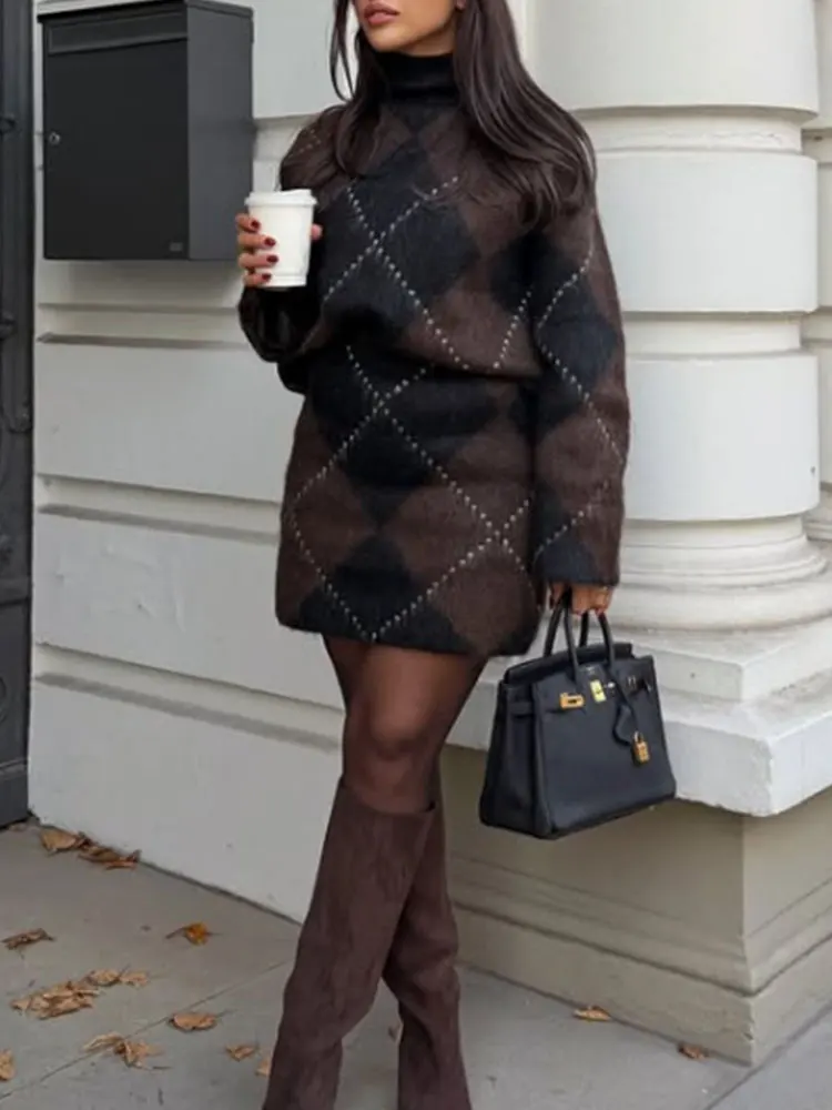NLZGMSJ Women Knitted Sets 2025 Autumn Winter Wrist Sleeve Slim Plaid Sweater Cardigan Jacket Crop Top Mini Skirt Suits