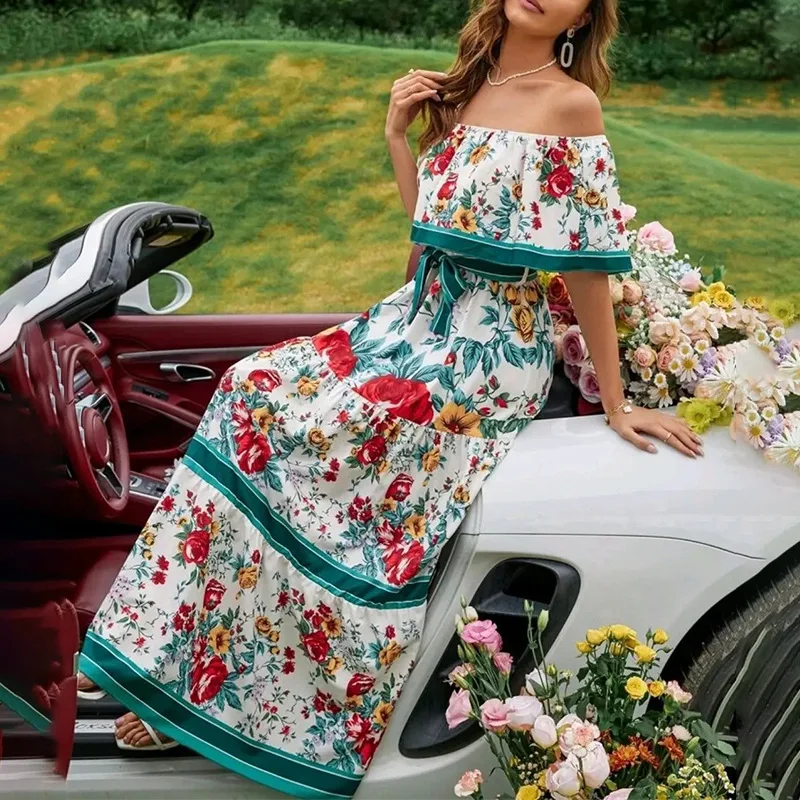 Vestido longo floral estampado para senhoras, roupas plissadas de várias camadas, saia elegante de cintura alta com decote em v profundo, terno novo, verão 2022