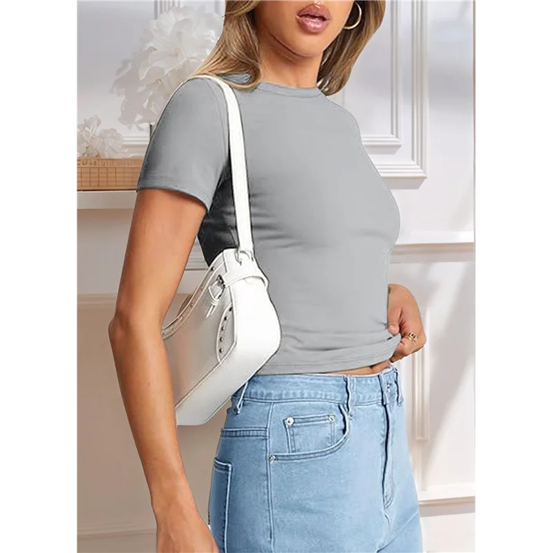 

Hot Kf-Womens Basic T Shirts Crop Short Sleeve Y2k Tee Cute Gym Fashion Workout Clothes