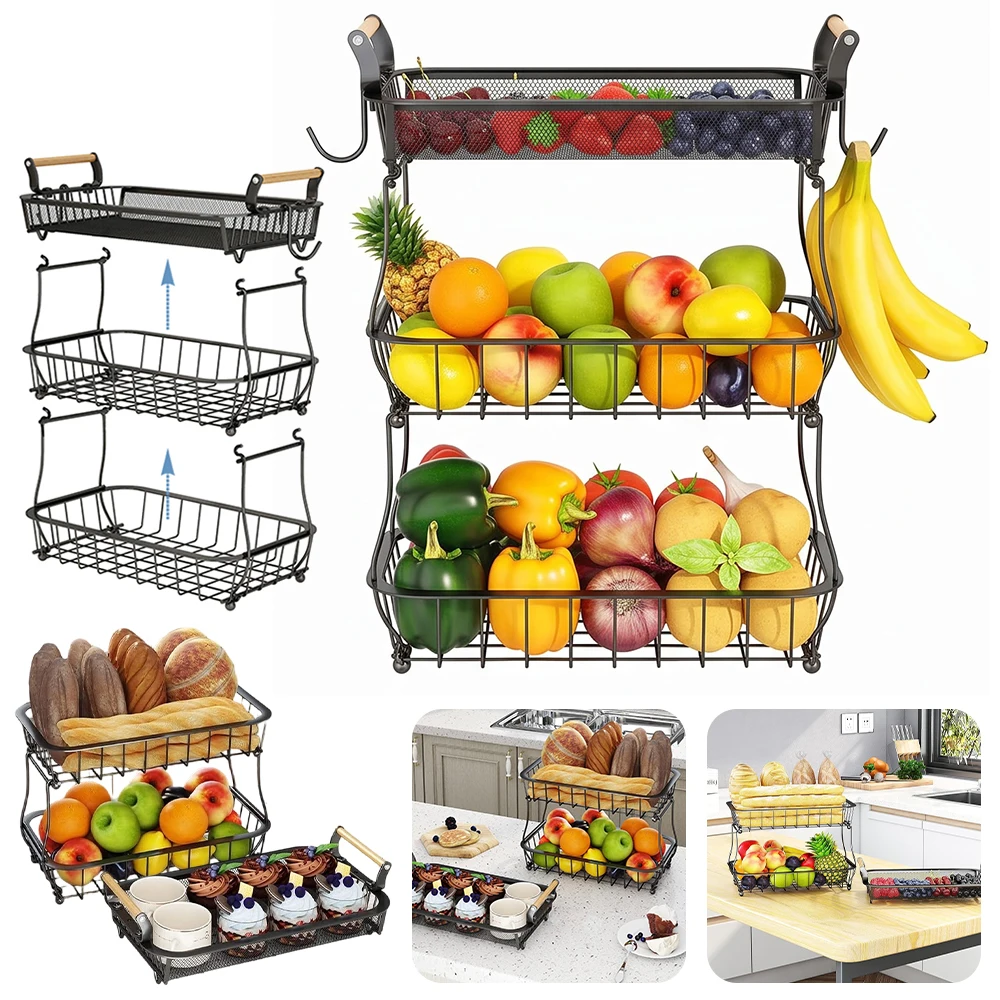 Portafrutta a 3 livelli in metallo con ganci per banane e cestello superiore in rete, grande capacità, scaffale organizer da appoggio smontabile per cucina, dispensa e bagno.