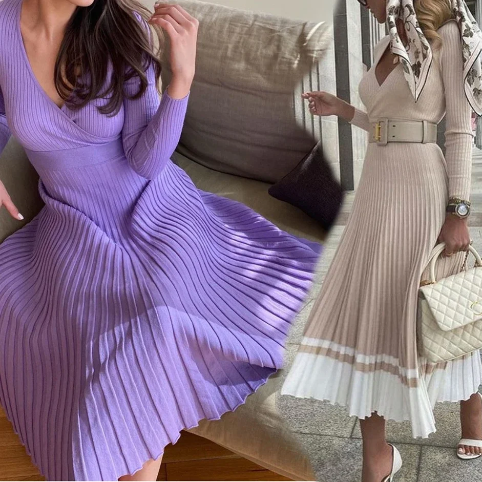 Women Pleated Dress Spring Striped Long Dresses V Neck Long Sleeve Sweater Pullover Autumn High Waist Knitted Vestidos Elegant