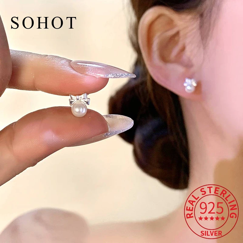 

Real 925 Sterling Silver Bowknot Pearl Mini Piercing Screw Bead Stud Earrings for Women Elegant Fine Jewelry Accessories
