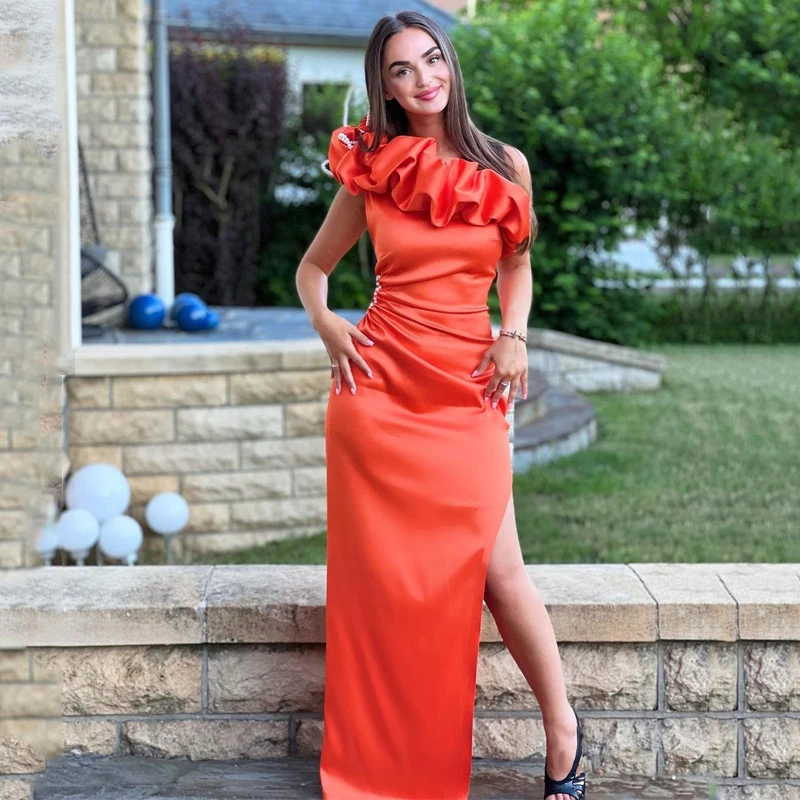 

Thinyfull Orange Prom Dresses One Shoulder Mermaid Evening Cocktail Party Prom Gowns Beadings High Split Floor Length Plus Size