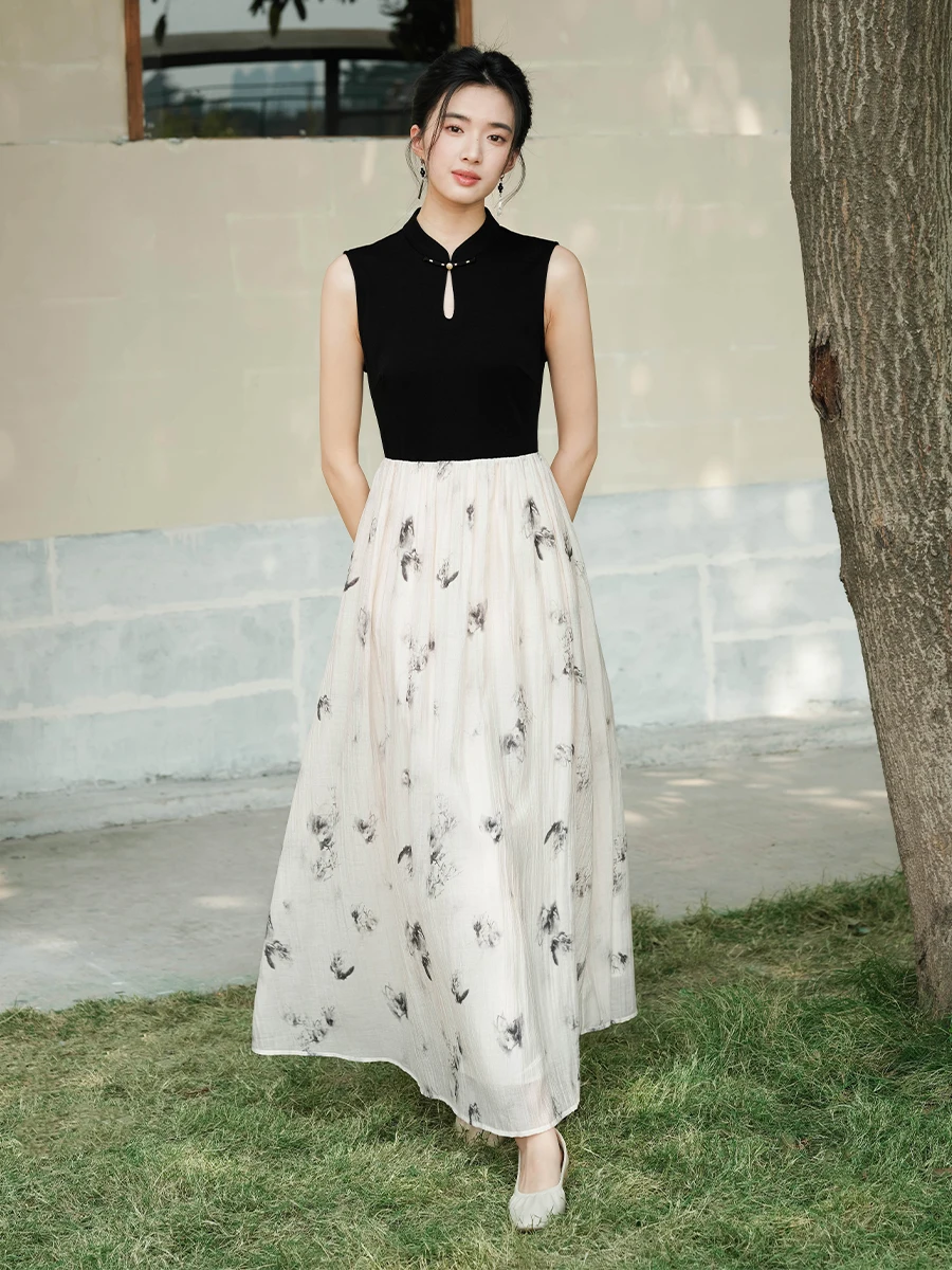 

New Chinese Sle Long Dr Women's Summer 2025 A-Line Skirt Vest Bal Stand Collar Dr Fabric Svel Dr