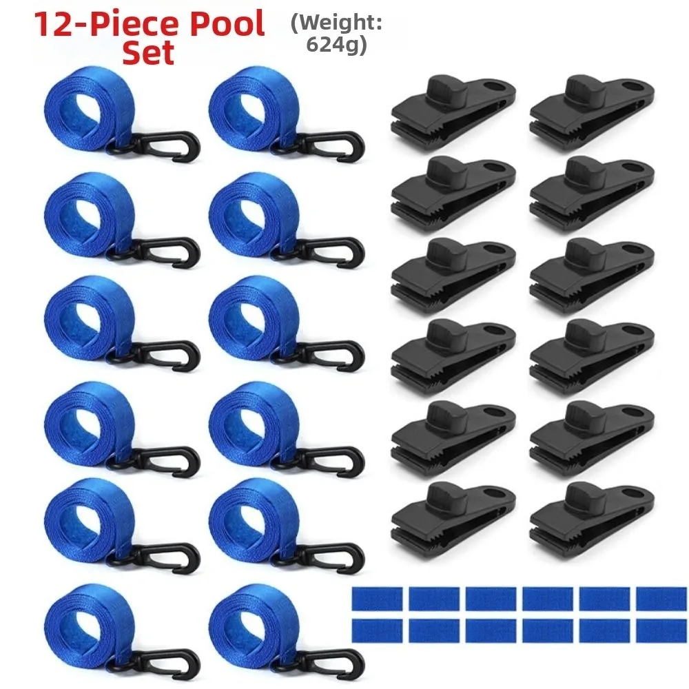 1/6Sets New Universal Heavy-duty Pool Solar Cover Windproof Black&Blue Fixed Rope&Clip Reel Attachment Kit