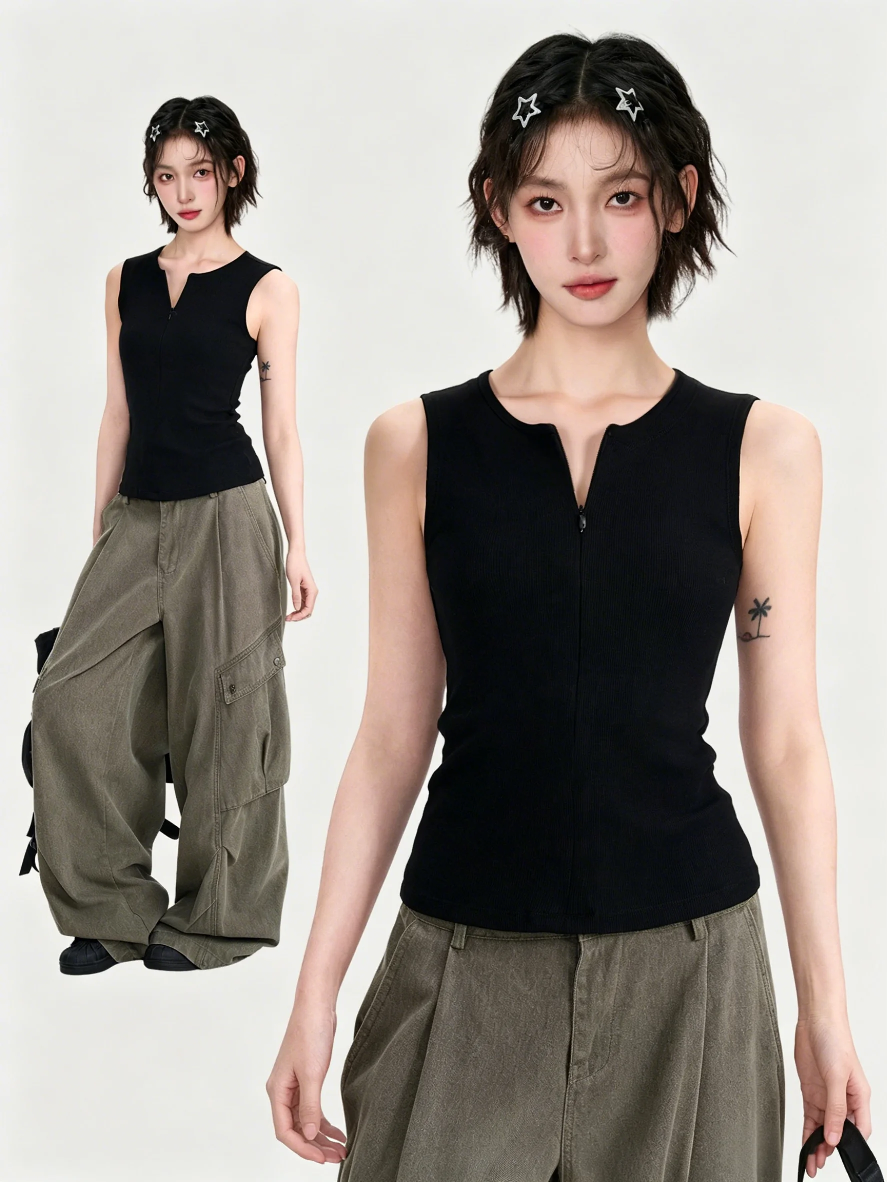 Slim Fit Cotton Blend Halter Top Women's Summer Tank Top Zipper Detail Sleeveless Waist Cinching Versatile Wear Casual Style