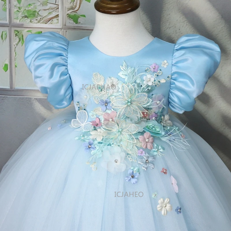 2026 New Kids Satin Bubble Sleeves Princess Baby First Birthday Puffy Gown Formal Celebration Blue Dress Host Piano Performance