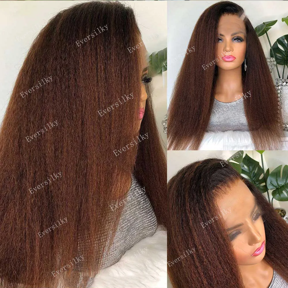 

Ombre Chocolate Brown Kinky Straight Natural Human Hair V Part Wigs Unprocessed Full Machine U Part 250Density Chestnut Brown