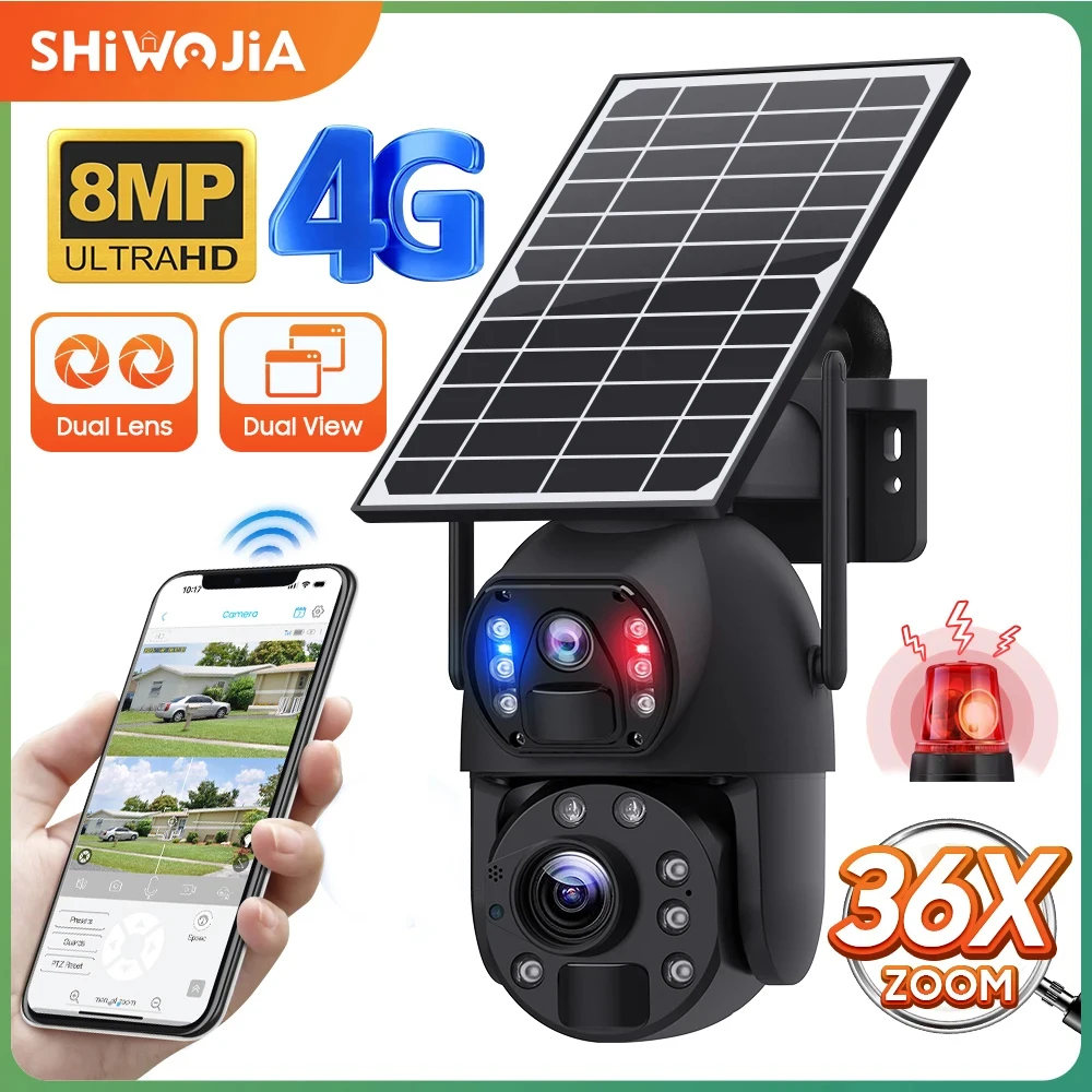 SHIWOJIA 36X ZOOM 8MP 4G Solar Powered Camera Outdoor Dual Lens WIFI Security Battery PIR Motion Detection Night Vision PTZ CAM