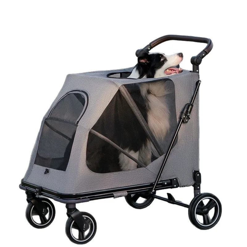 Large Foldable Portable Pet Stroller Thick Steel Tube Frame Full Mesh Panoramic Sunroof Easy Side Entry Four Wheel Camping