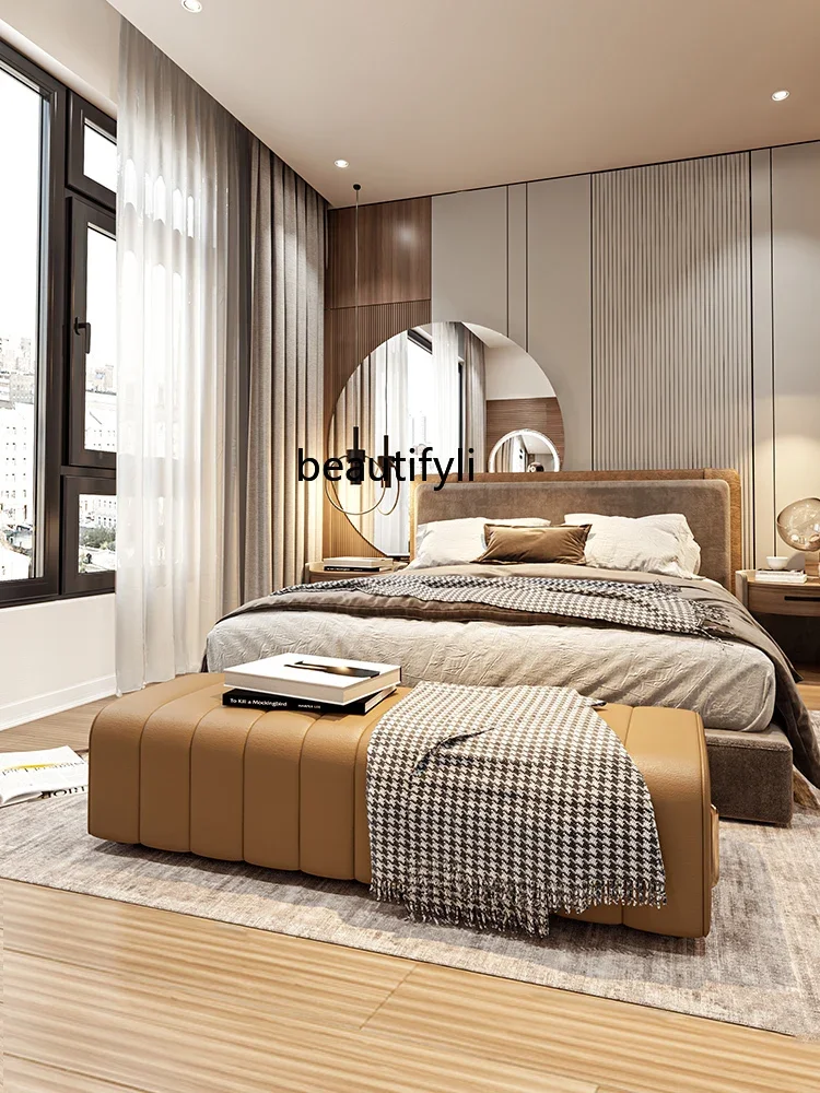 

smt03 Italian Bed End Stool Light Luxury Bedroom Minimalist Sofa Stool Designer Genuine Leather Solid Wood Bed Side Stool