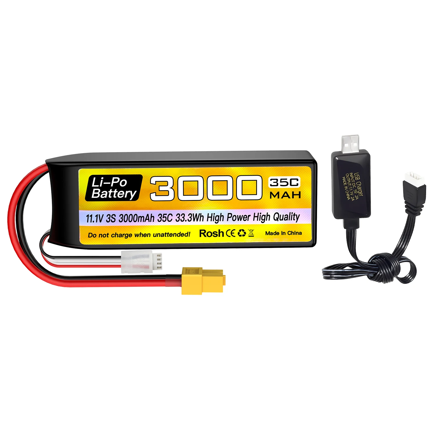 

11.1V 3000mAh 35C 3S XT-60 Plug Lipo Battery +USB Charging Cable for RC Car,Truck,RC Ship,RC Drone,Quadcopter,FPV UAV Battery