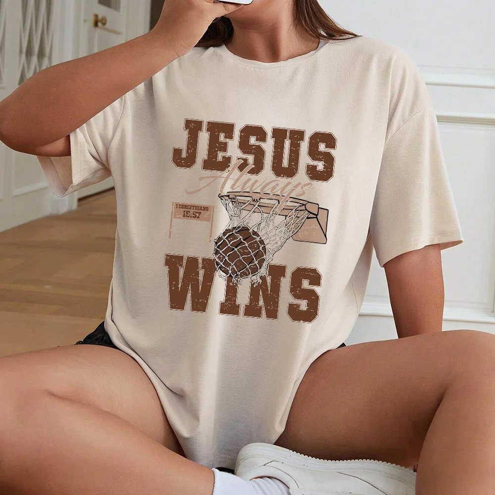 

Plus Size Women Tshirt Jesus Always Wins Basketball Graphic T-Shirt Funny Faith Cotton Shirt Retro Christian Inspirational Tops