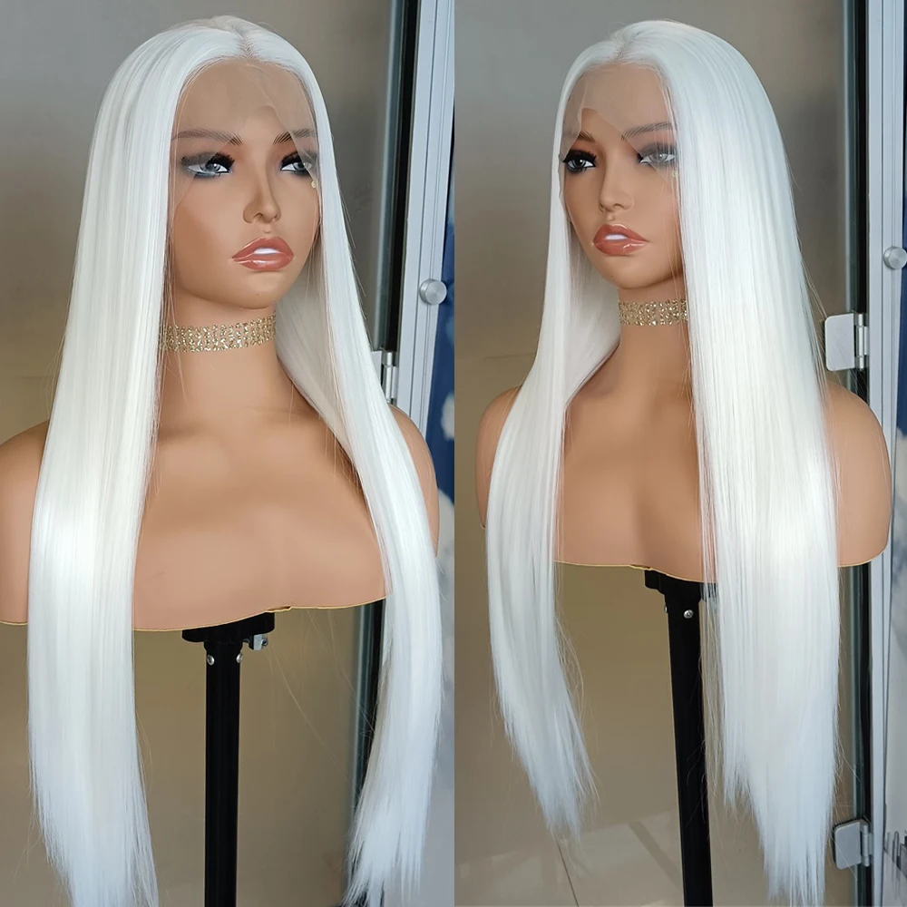 White Wig Straight Synthetic Lace Frontal Wigs for Women Ready to Wear Long White Wig Cosplay Snow White Colored Wigs for Women view 4