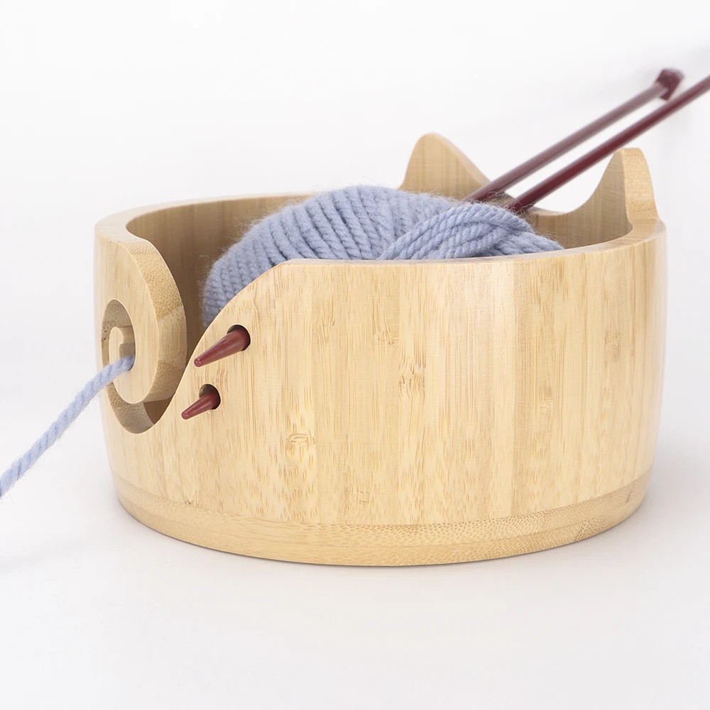 1 x runde hölzerne Katzenohr-Garnschale, Aufbewahrungskorb aus Strickwolle mit Löchern, DIY handgefertigtes Handwerk, Häkel-Set-Organizer, Mutter-Geschenk