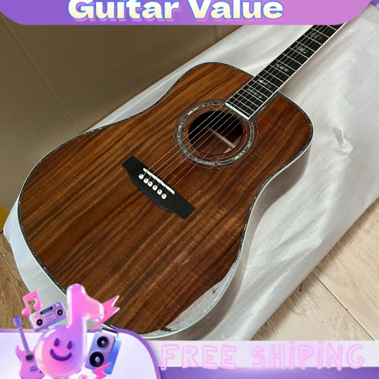 D45 KOA Body  Ebony Fingerboard 41 Inch  Acoustic Guitar  Pickup Options Available Abalone Inlay Sealed Tuners