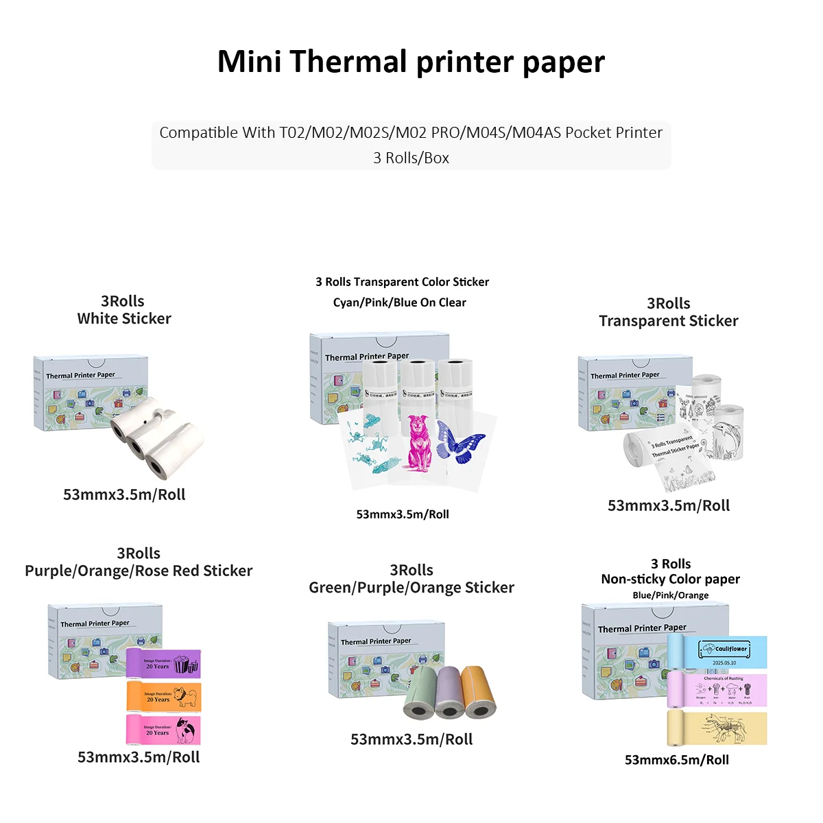 Mini papel de impressora térmica, adesivo transparente, papéis fotográficos coloridos 3 rolos/caixa 53mm de largura compatível com m02/t02 para criação diy