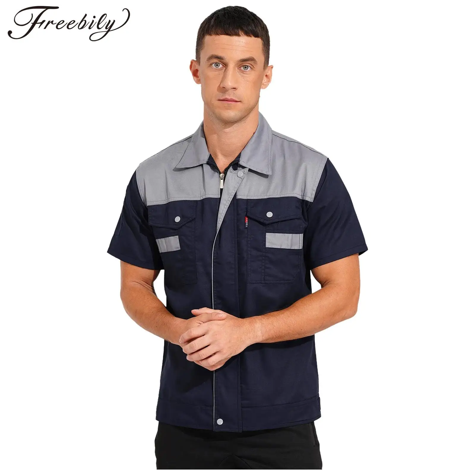 Men Workshop Uniform Top Short Sleeve Zipper Work Jacket Factory Machinery Vehicle Repair Construction Petrol Station Costume