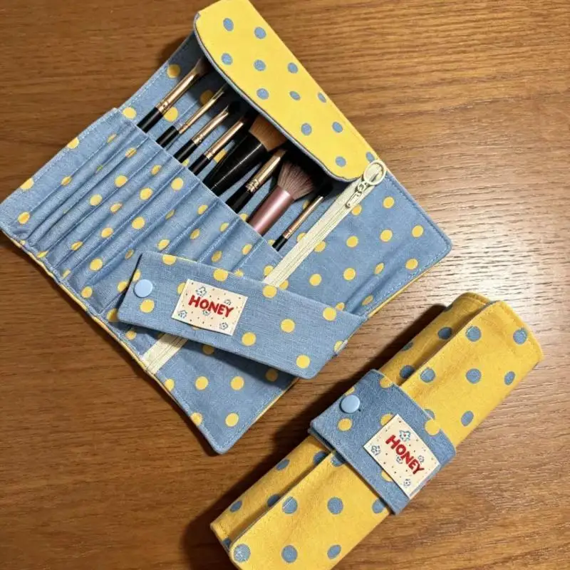 Vintage Polka Dot Roll Up Pencil Case Dual Use Makeup Brush Holder Portable Foldable Storage Organizer for School Travel Makeup