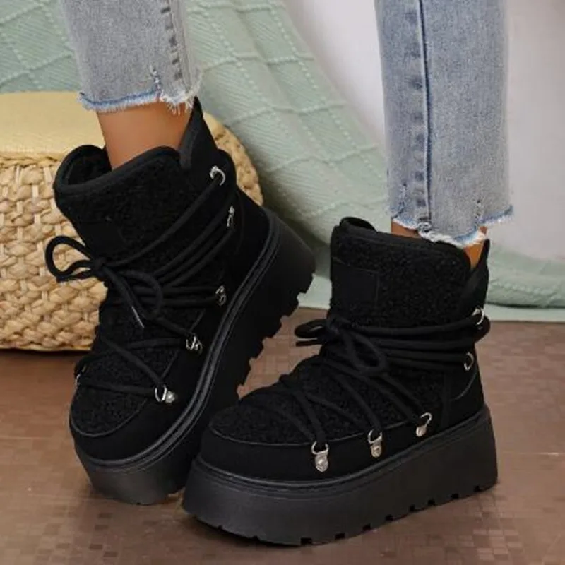 2025 ماركة الشتاء سميكة سوليد عبر التعادل الثلوج الأحذية سميكة منتصف طول الدافئة المرأة الدانتيل يصل تصميم لينة الدافئة أفخم حذاء من الجلد