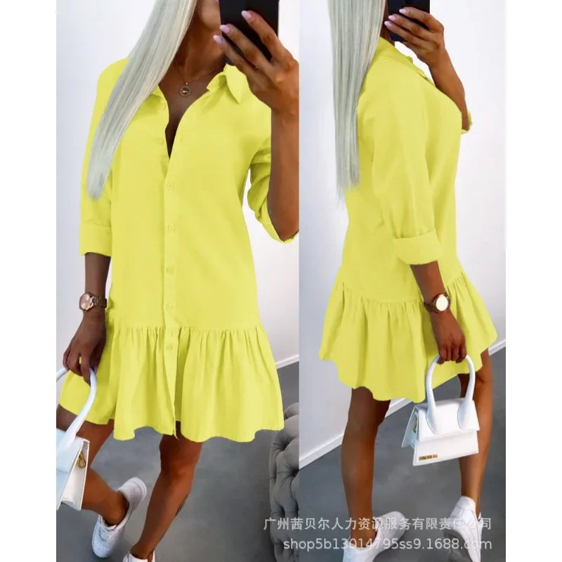 Women Solid Ruffles Pleated Stitching Dress 2024 Spring New Shirt Dress Women Long Sleeve Single-Breasted Turn-down Collar Dress