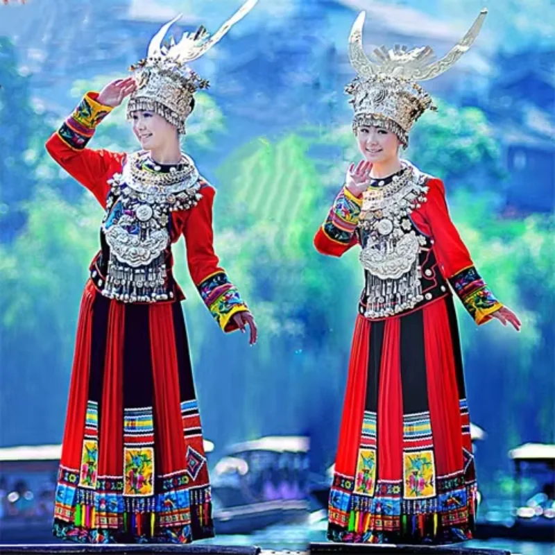 Hmong Wedding Dress Chinese Costumes Hmong Clothes Ethnic Embroidery Dance Performance Costume Adult Women Miao Hat Clothing