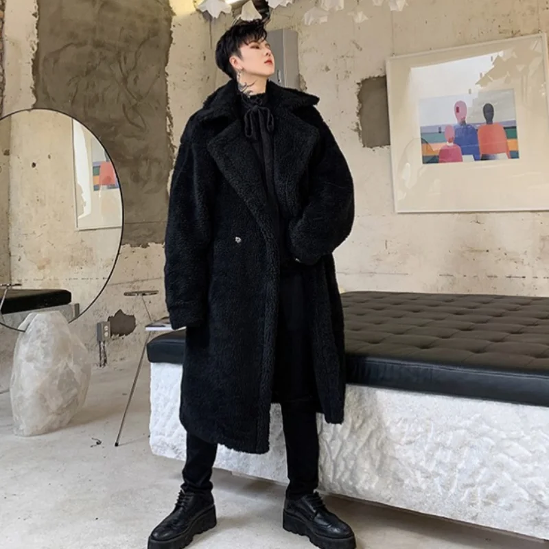 

2023 Winter Thick Long Length Wool Faux Fur Jacket Male Solid Korean High Street Imitation Fur Male Lamb Wool Warm Coat M44