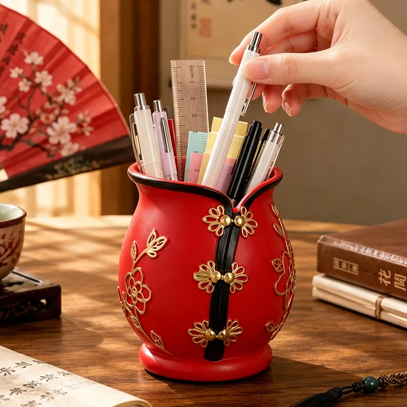 Chinese Cheongsam Shaped Resin Pen Holder Embossed Floral Desk Organizer Vintage Oriental Stationery Storage Desktop Decor Gift