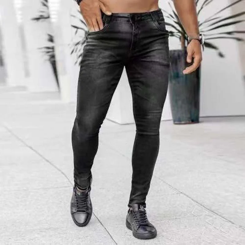 Nuevos pantalones vaqueros para hombre, pantalones vaqueros de cintura alta de tendencia, pantalones vaqueros negros ajustados a la moda para hombre, pantalones pitillo de longitud completa, pantalones casuales