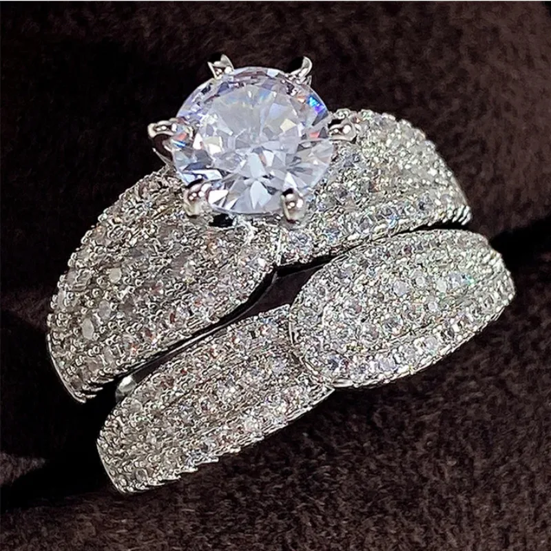 Bridal Set Rings 925 Silver with Sparkling Diamond Luxury Trendy Wedding Engagement 2Pcs Rings for Women Eternity Love Jewelry