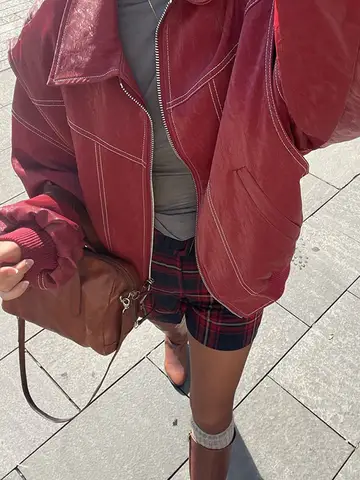 Women Wine Red Leather Jackets Vintage Lapel Zipper Elastic Hem Full Sleeve Loose Bomber Coat 2025 Lady Daily Commute Outerwear