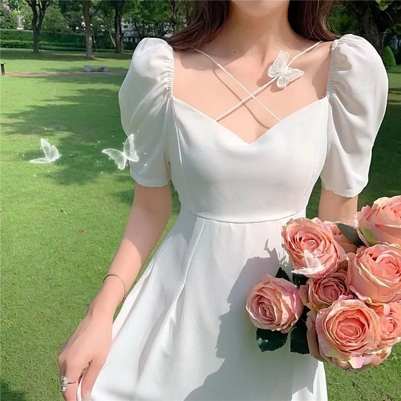 

2024 New Women Summer White Dress Puff Sleeve Party Dating Dress Square Neck A-line Fashion Casual Solid Holiday Dress