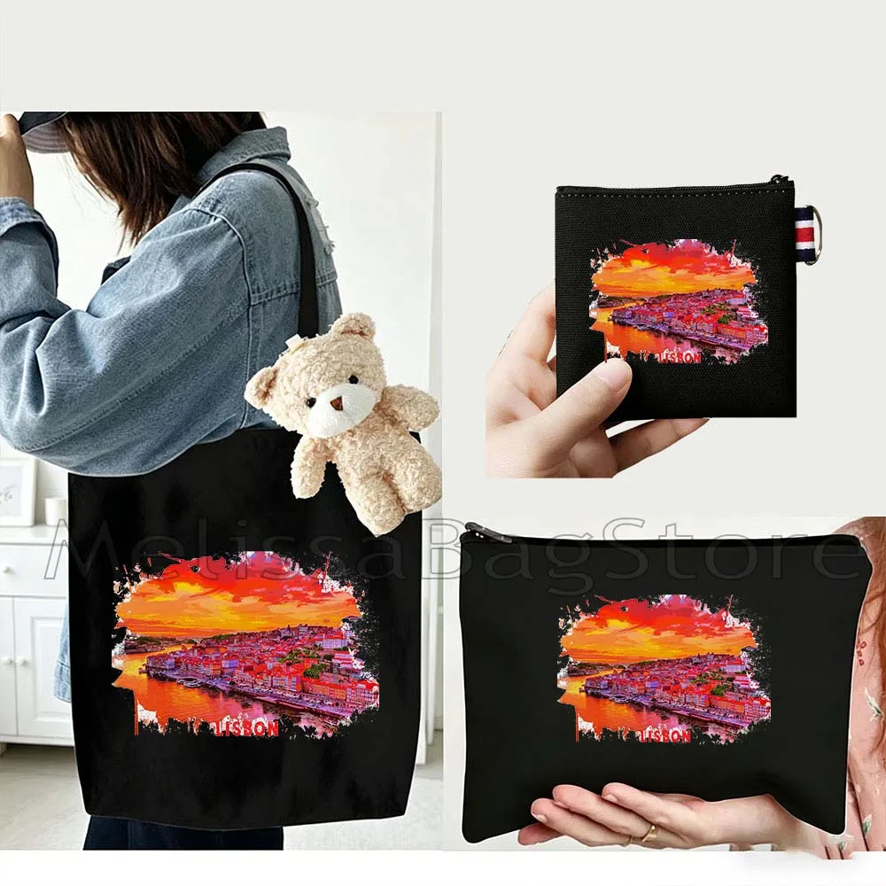 

4PCS Gifts Set lisbon Portugal White Canvas Tote Bag Handbag with Doll Key Coin Purse Cosmetic Makeup Toilet Bag Case Pouch